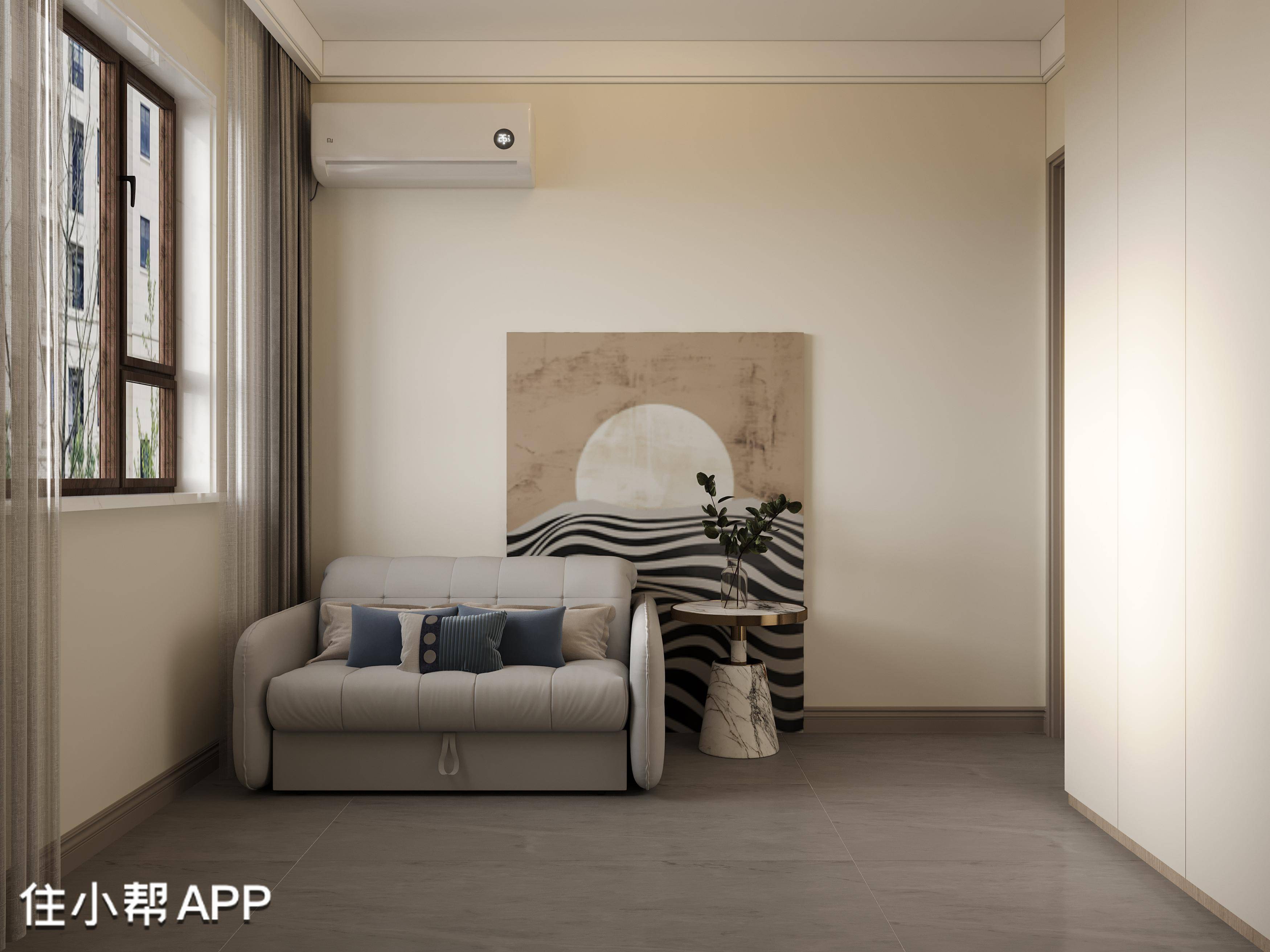 天午盛装饰129㎡现代风格设计,格栅板和石膏板相结合的电视背景墙设计