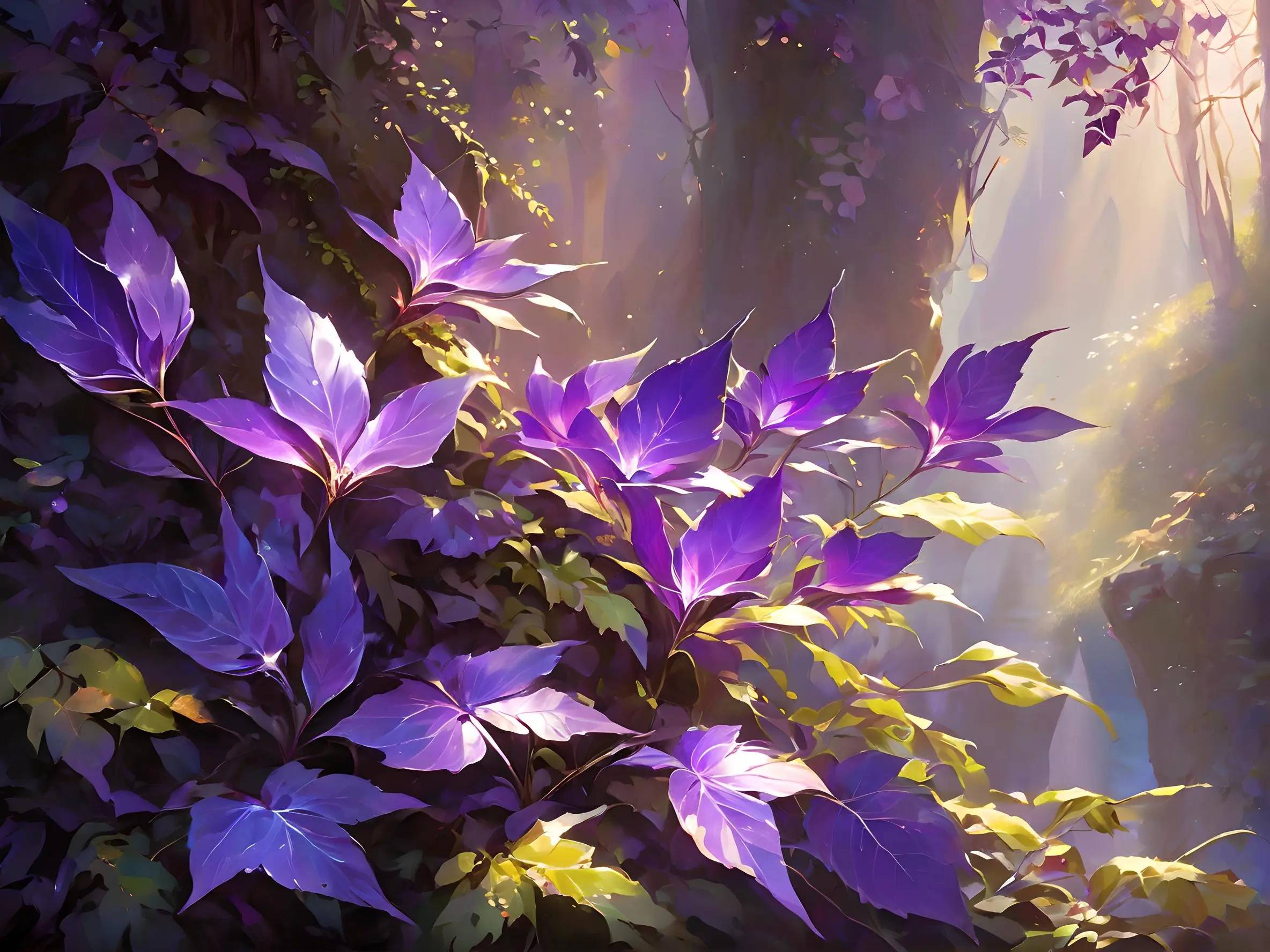 观者发现高耸的悬崖上生长着奇异的植被,它们的树叶呈现出梦幻的紫色