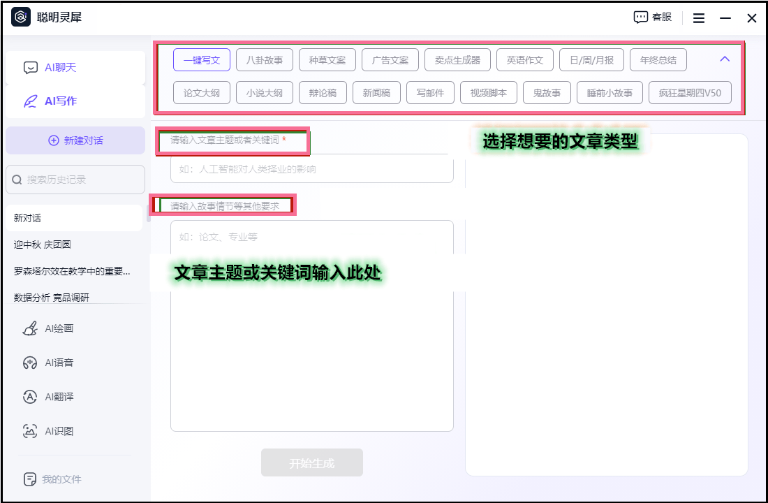 第二步 在彈出的對話框中,輸入需要生成文章的關鍵詞或主題.