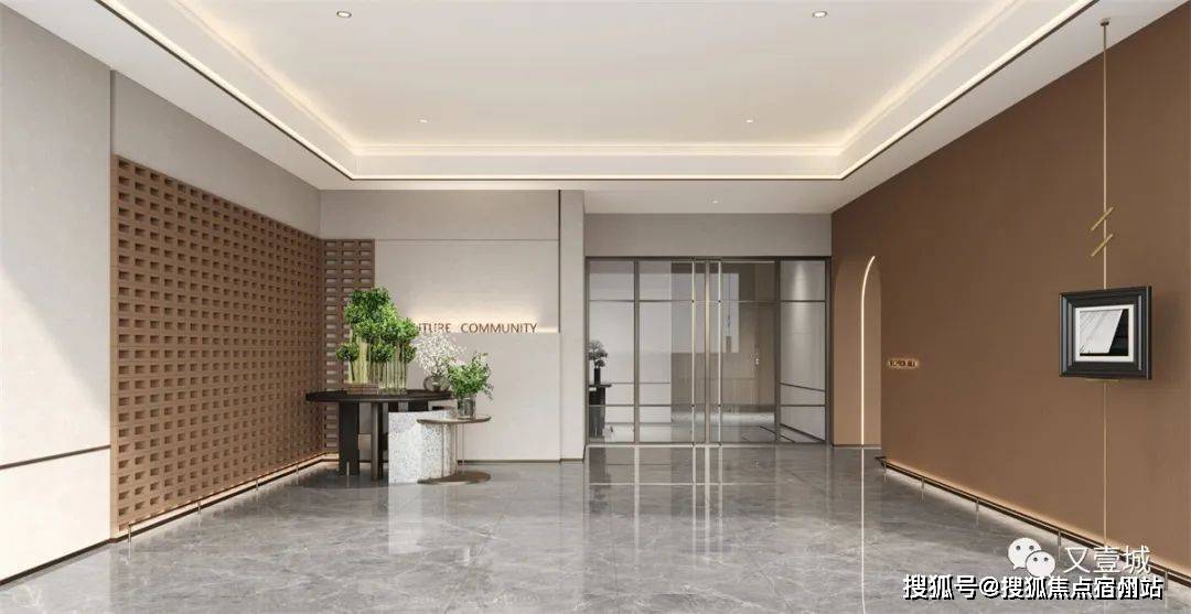 效果图归家大堂实现了双开间全铝板门头格局,顶部金属格栅,酒店风的