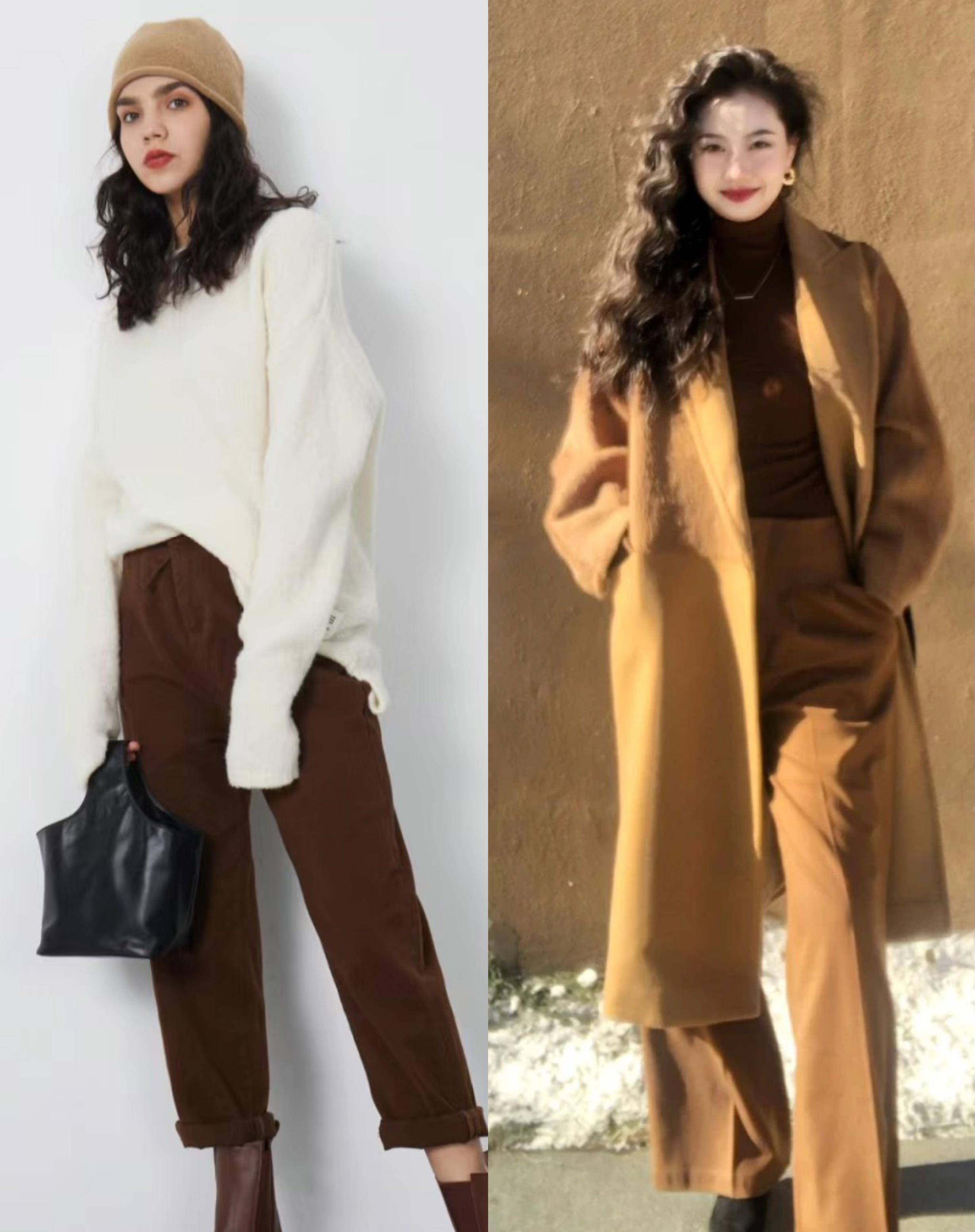 冬天的气息由"棕色长裤"赋予,显白强化气质_时尚_裤子_整体