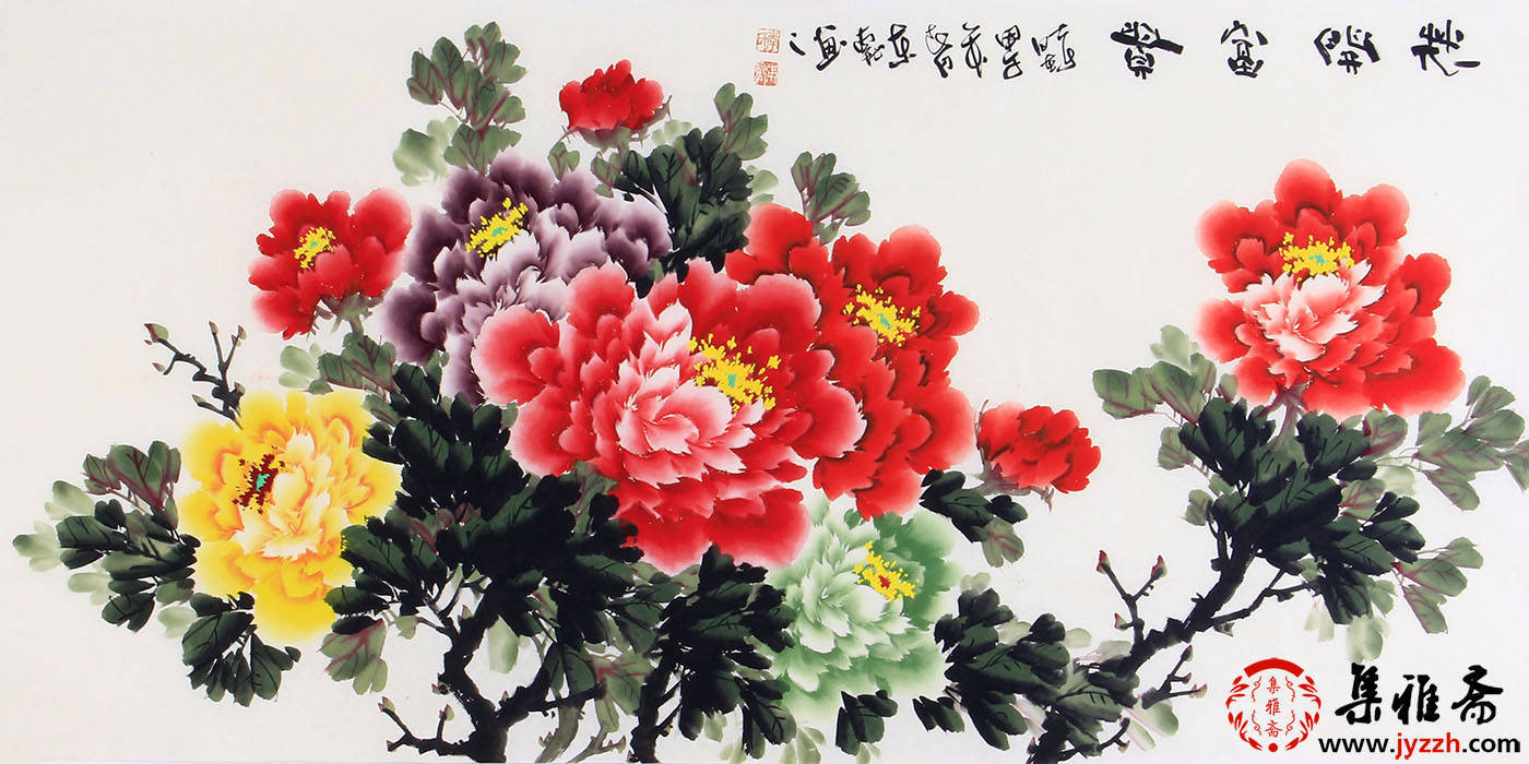 李东献四尺牡丹画《花开富贵》适合结婚送的画:国画孔雀图 白头偕老在