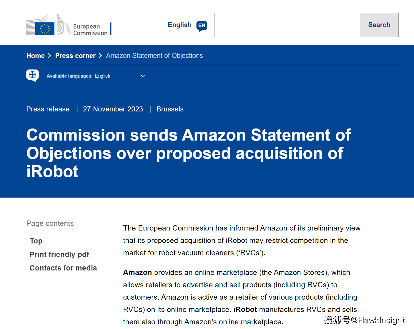 亚马逊收购iRobot遇挫欧盟监管机构发表反对声明_搜狐网