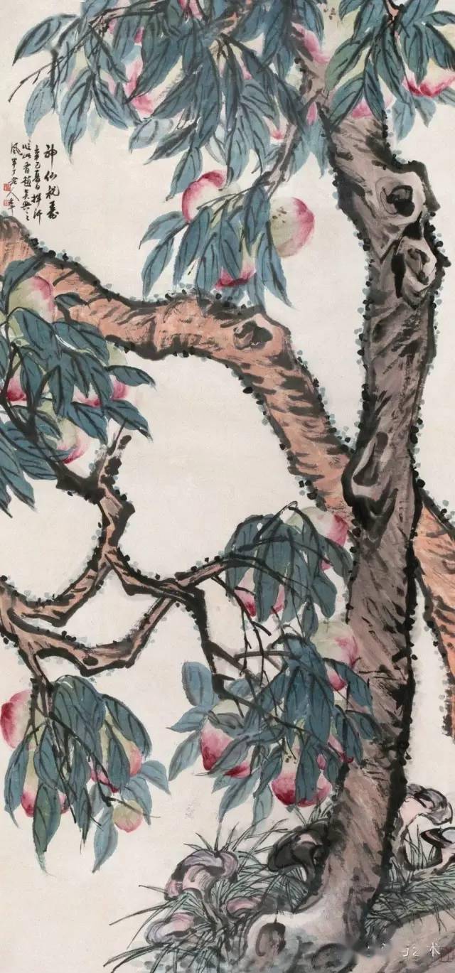 陈半丁 神仙祝寿 1941年作张大壮八,张大千蟠桃献寿 设色纸本 1980年