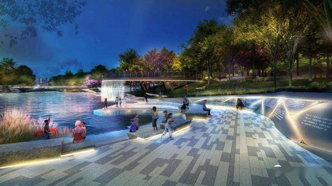 以右侧岸线打造滨水活动空间,通过岸线曲折变化以及高低起伏的石景