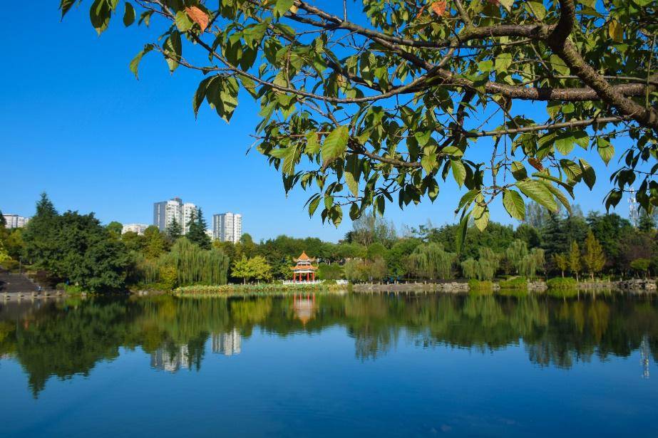 天色晴好,湛藍如洗這抹藍倒映在毓秀湖裡襯得校園格外靚麗把水天一色