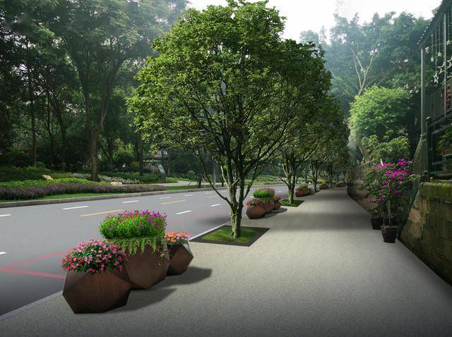 街面绿化 改造后效果图统一采用欧式铁艺栏杆,增加立体绿化丰富平台