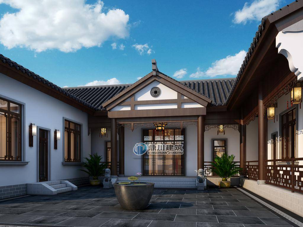 一层三合院自建别墅,前有院落,里有中庭,农村养老房应该这样建!