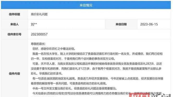 甘肃一男子被要28.8万彩礼致信县长，你认为倡导意见能遏制高彩礼吗？
