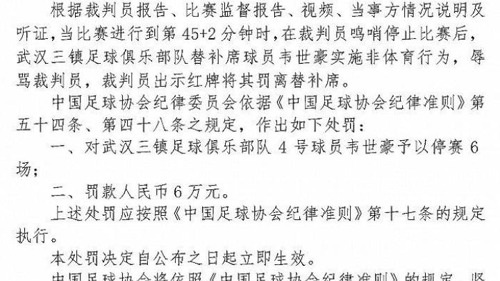 韦世豪因辱骂裁判，被停赛6场并罚款6万，处罚合理吗？