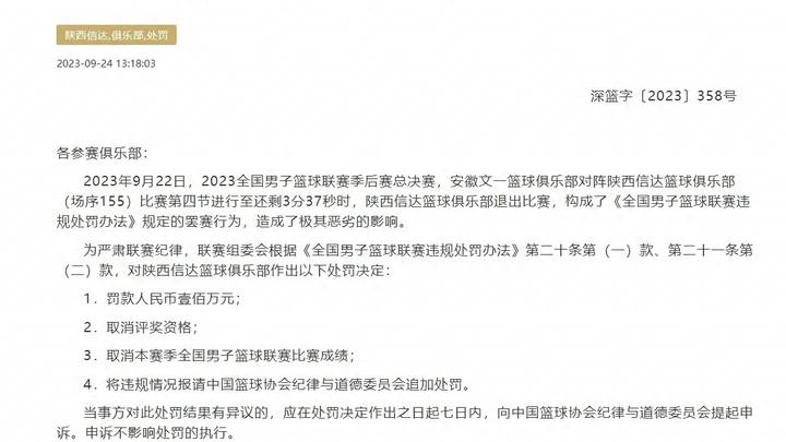 NBL总决赛中途弃赛陕西信达被罚百万，取消赛季成绩你觉得合理吗？