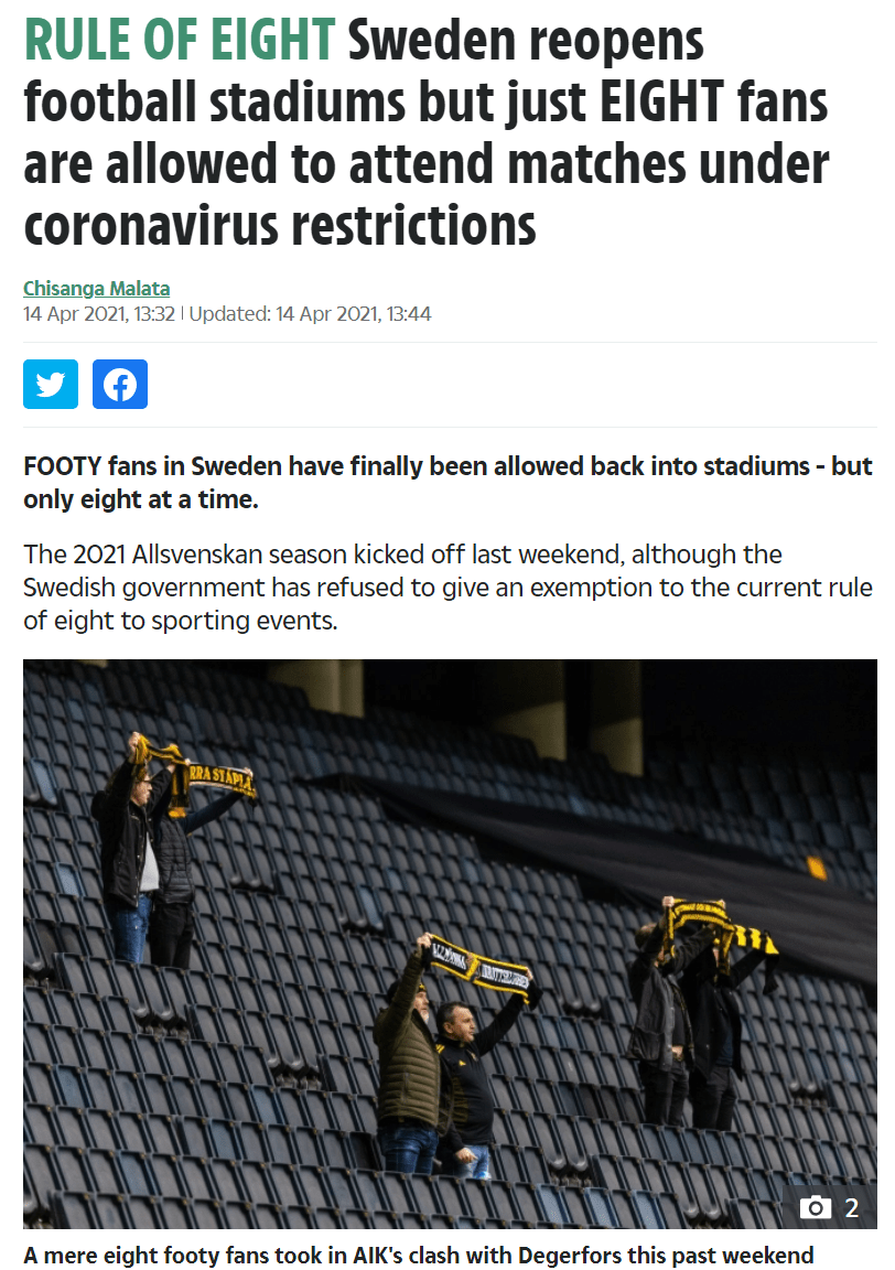 瑞典新政引不满！动物园可以开放 但球迷不准入场_联赛