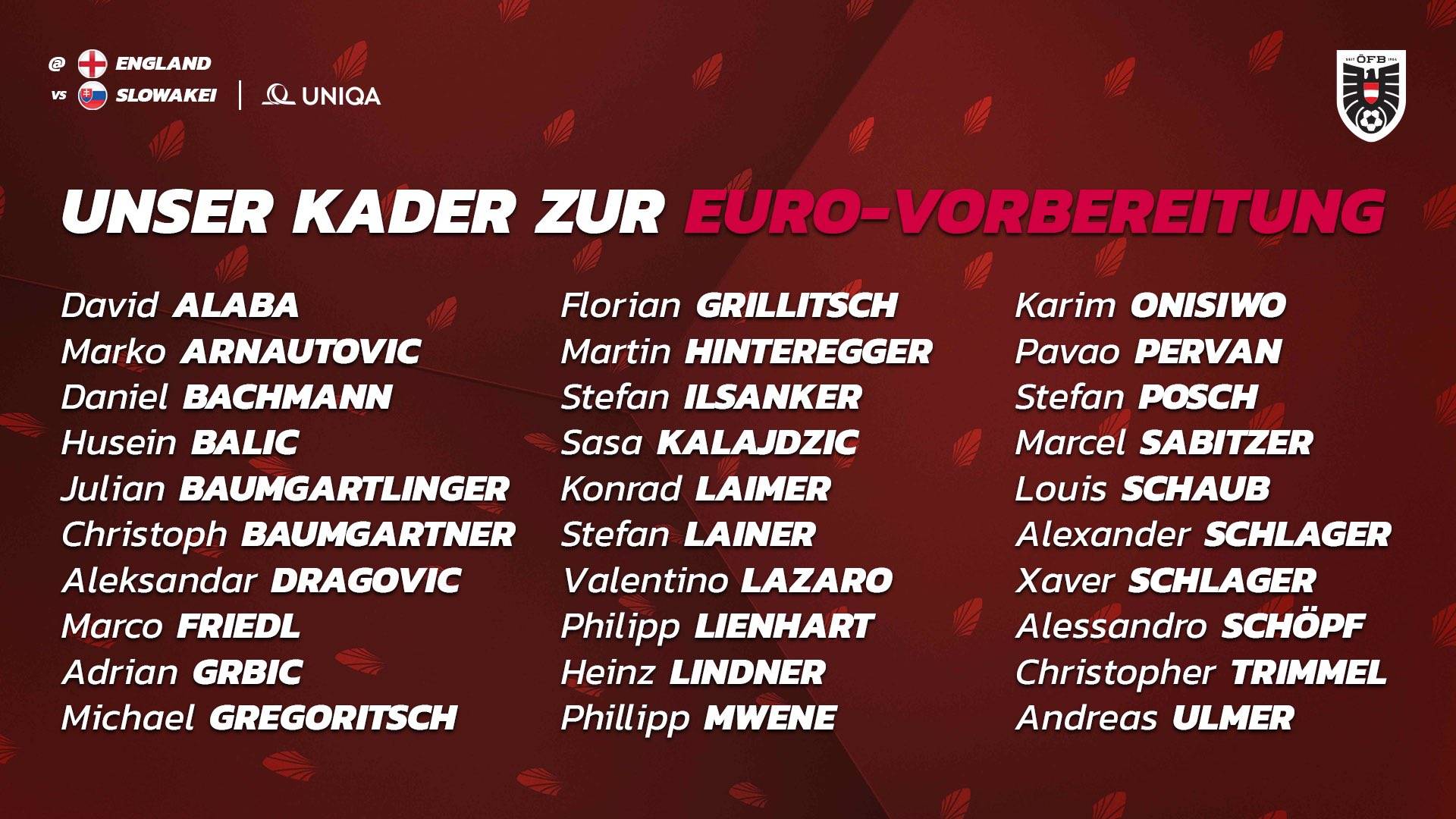 奥地利欧洲杯30人名单：阿拉巴领衔 阿瑙托维奇入选_霍芬