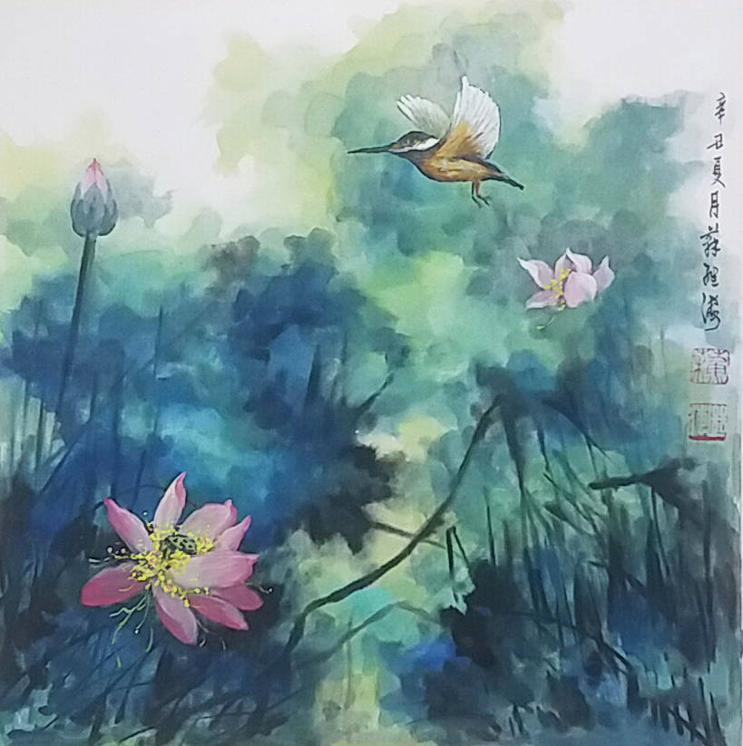 笔情墨韵妙趣天成著名画家苏继海荷花翠鸟图小品赏析