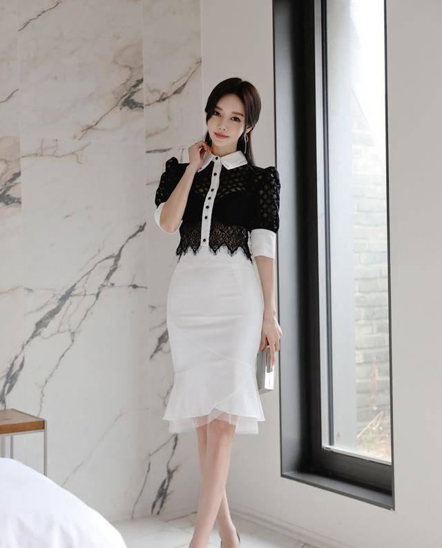 蝴蝶|孙允珠韩版黑蝴蝶网格透丽衬衫配搭白色端庄高腰鱼尾裙网拍