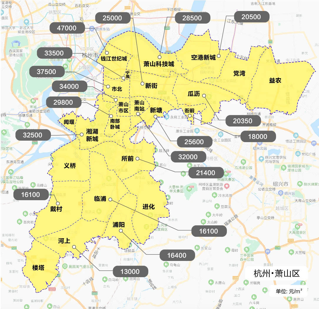 上图为上半年杭州行政区划分后,萧山各片区的房价限价地图