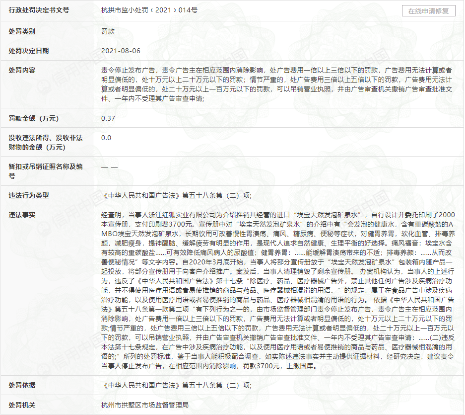 埃宝天然发泡矿泉水宣称可治病 运营方红狐公司被处罚(图1)