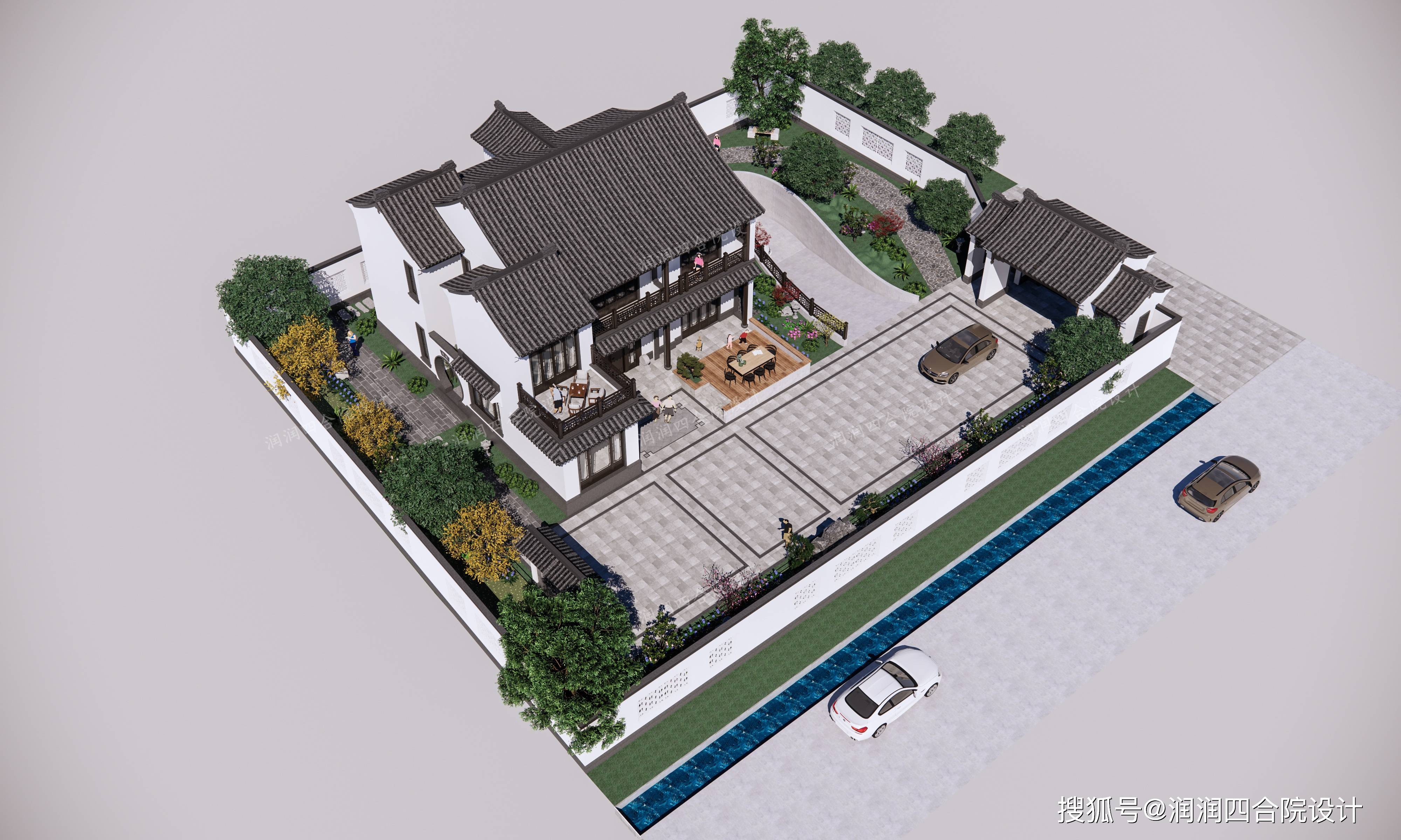 两层新中式庭院别墅鸟瞰图——润润四合院设计刘鹰原创两层新中式庭院