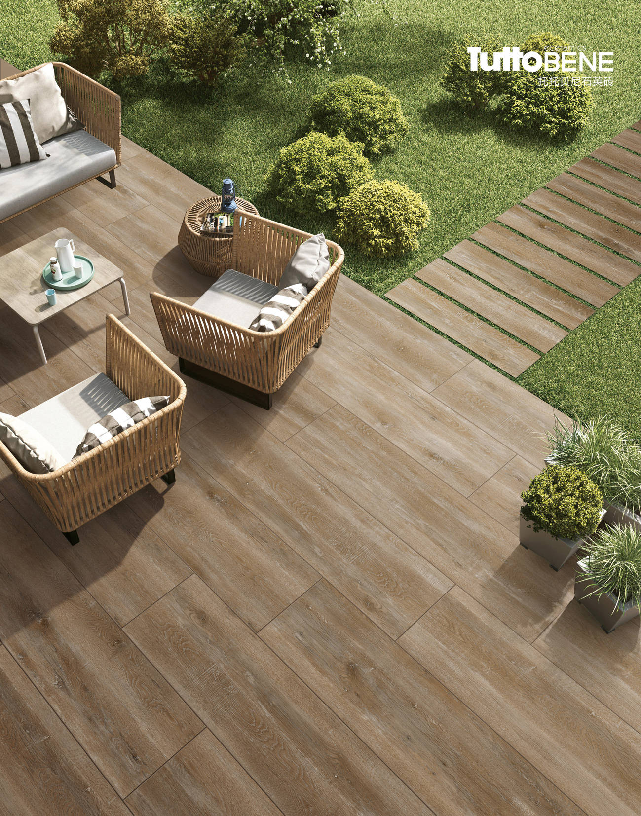 木纹石英砖纹理清晰自然,不易开裂变形,户外日晒雨淋条件下也不会褪色