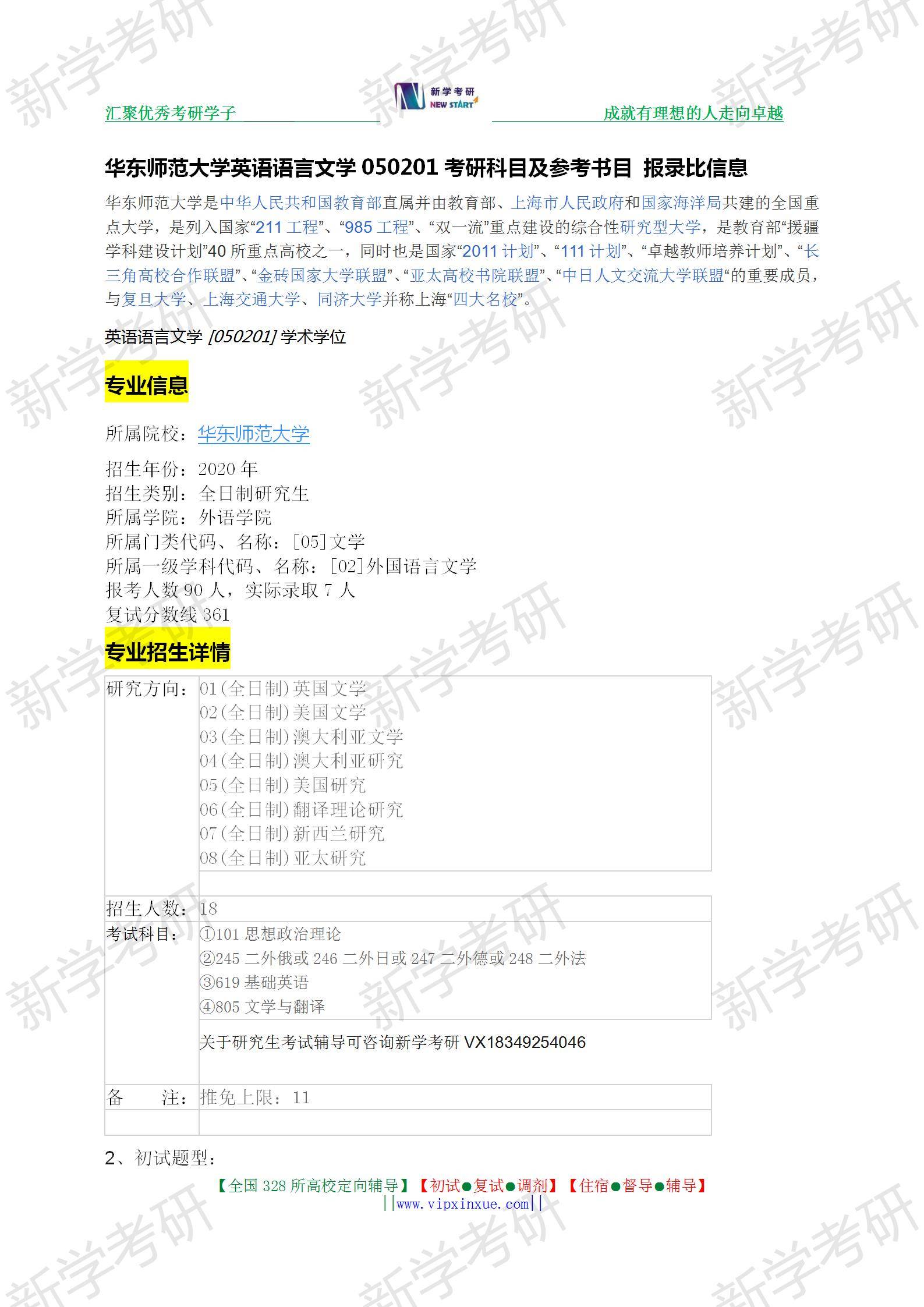 华东师范大学英语语言文学050201考研科目及参考书目 报录比信息及真题可看