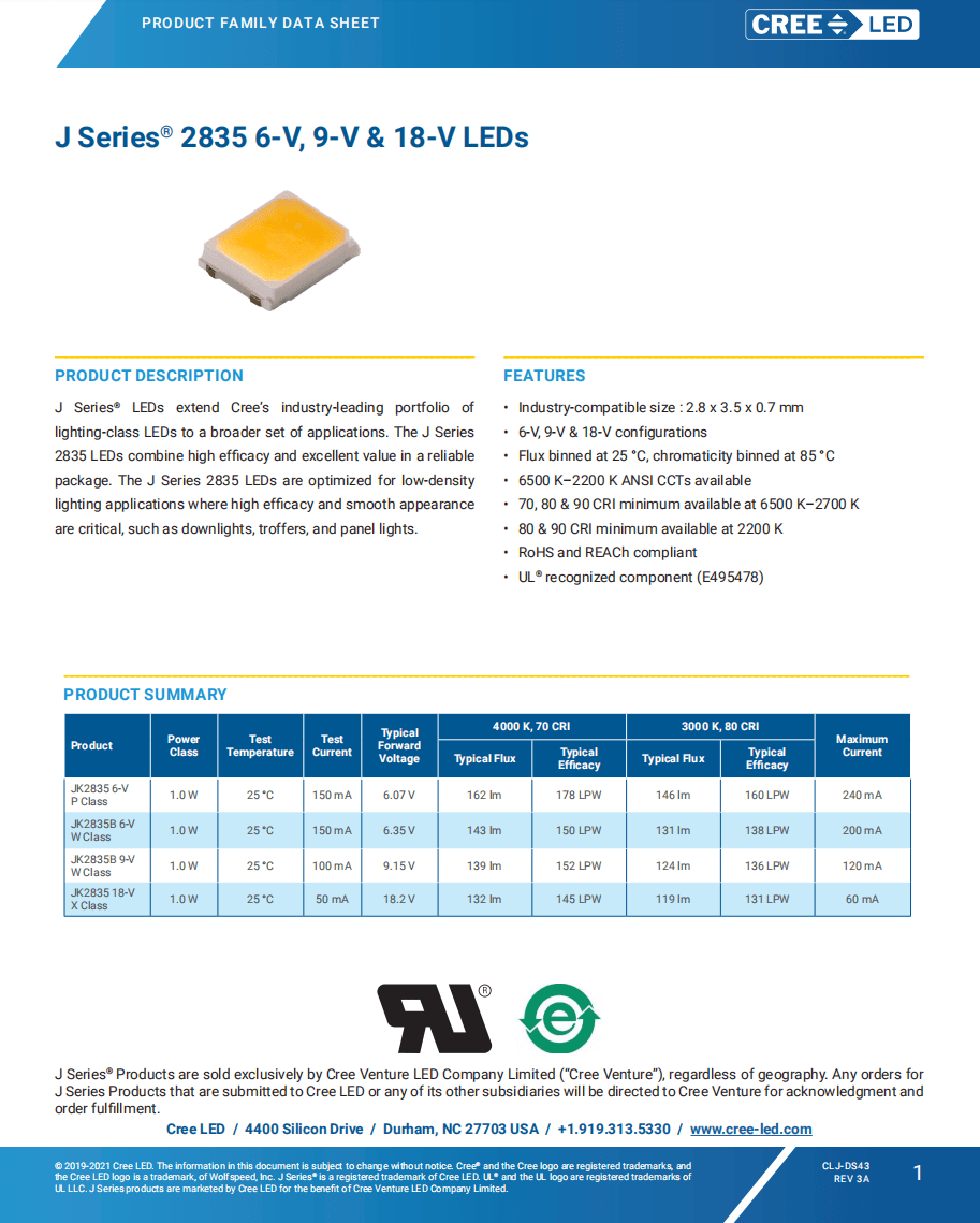 恒立高科技科锐原装贴片led灯珠cree2835灯珠9v100ma1w色温5000k