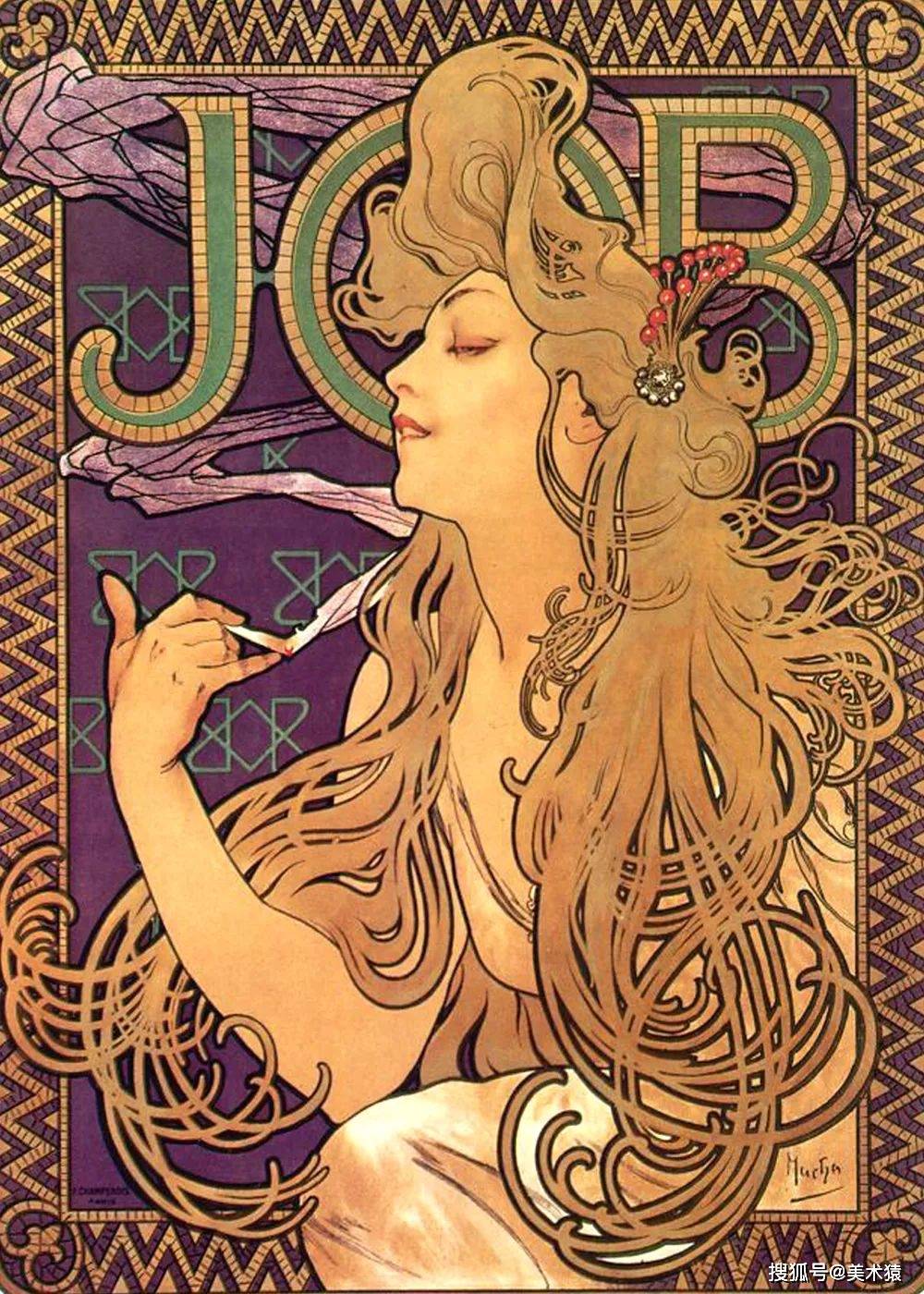 穆夏所画的广告海报遍及整个欧洲,是当时最炙手可热的商业设计师