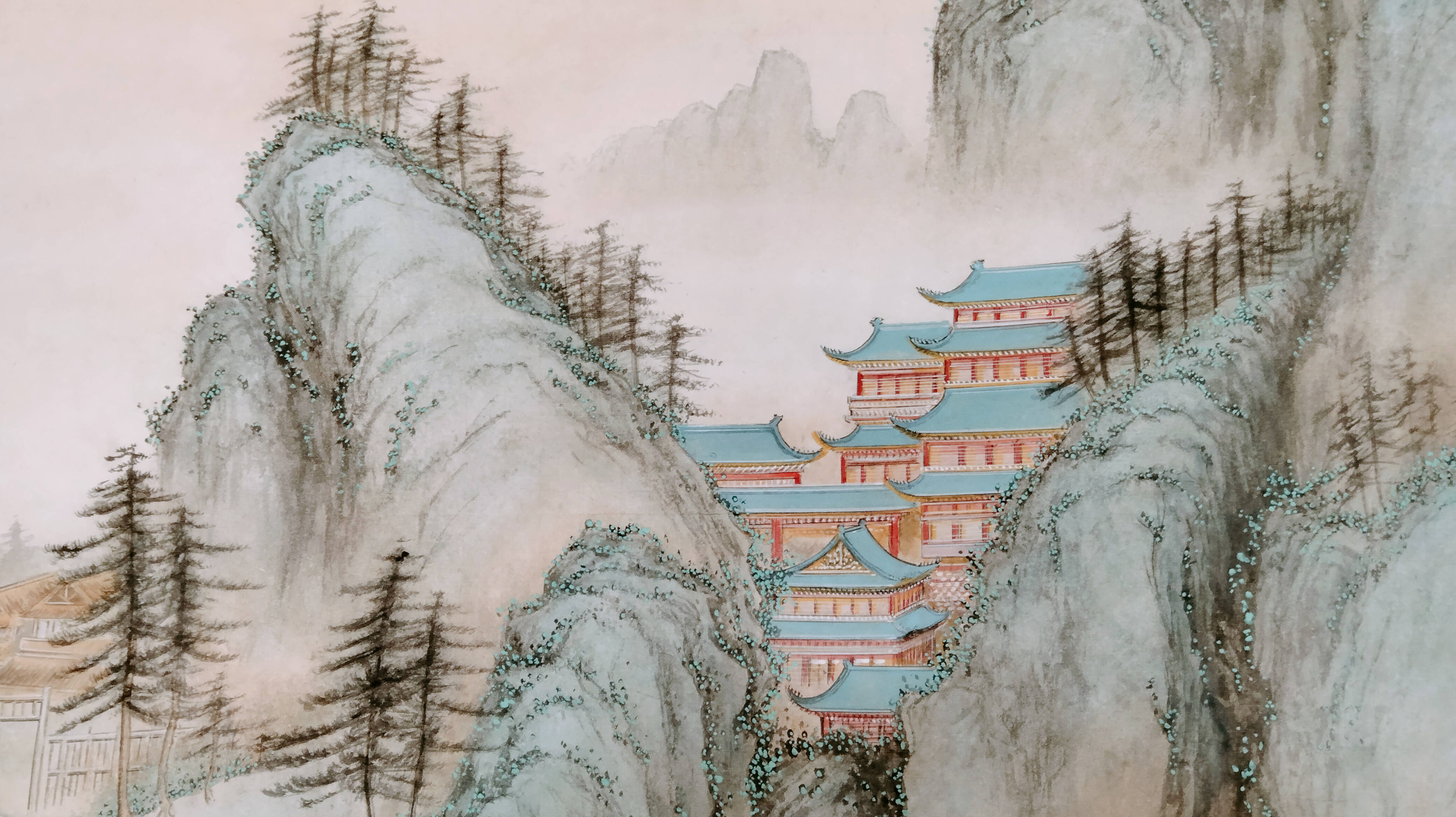 界画寒江青绿山水工笔界画山居图