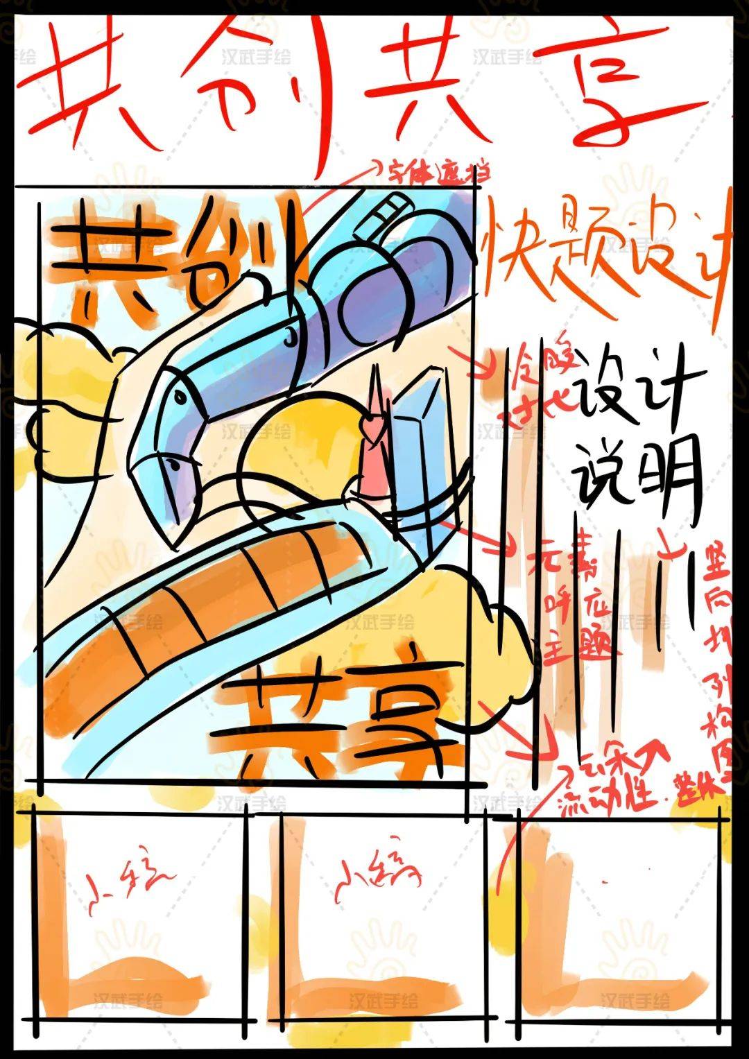 三张小稿绘画完成度可以更丰富一些,主题画面与设计说明区域稍显分离