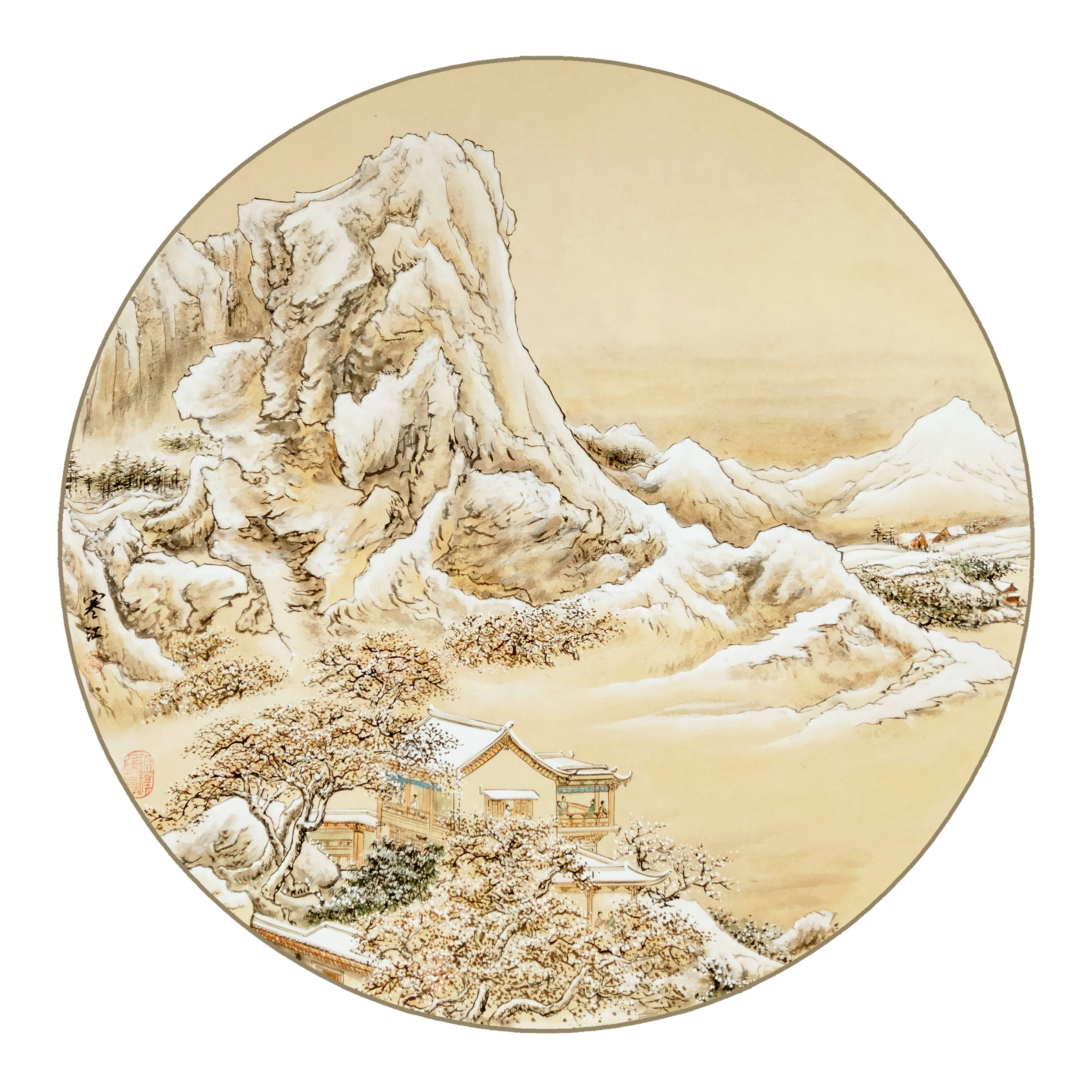 圆形雪景山水画小品图片