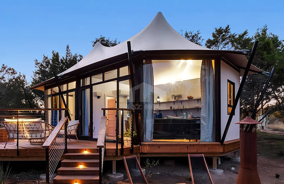 豪华露营酒店帐篷,双峰顶膜结构帐篷_瑞立_玻璃_球形