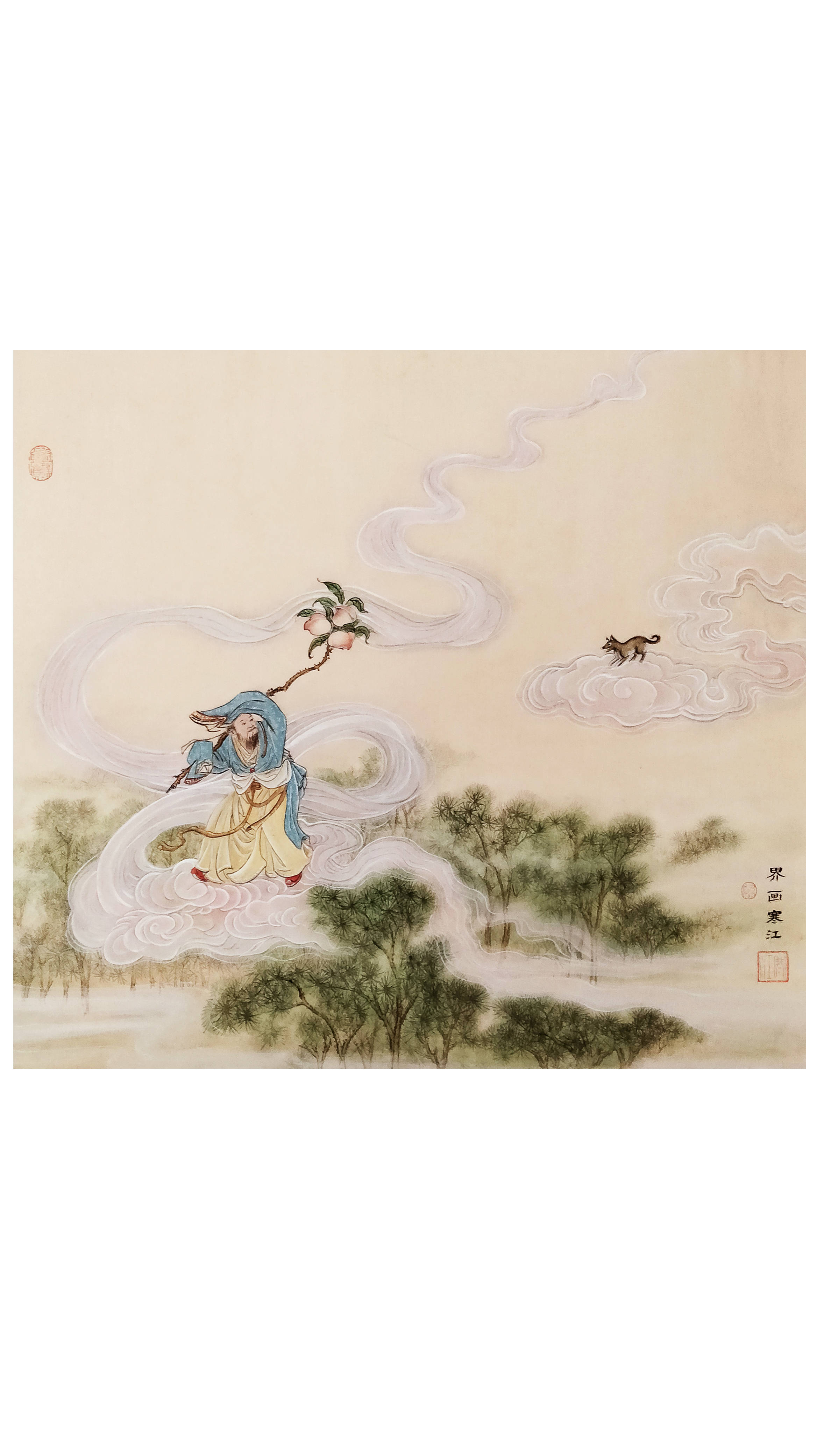 界画寒江---工笔人物画《东方朔偷桃图》