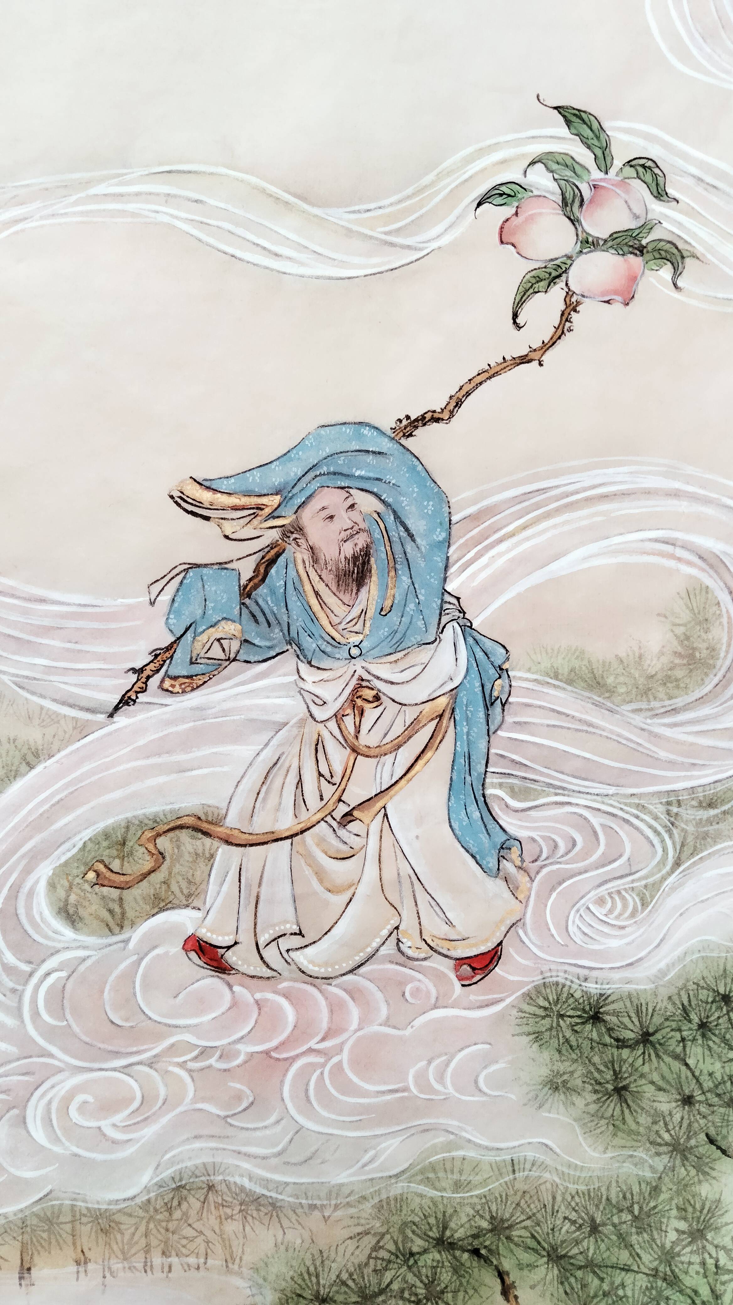 界画寒江---工笔人物画《东方朔偷桃图》_西王母_仙桃_故事