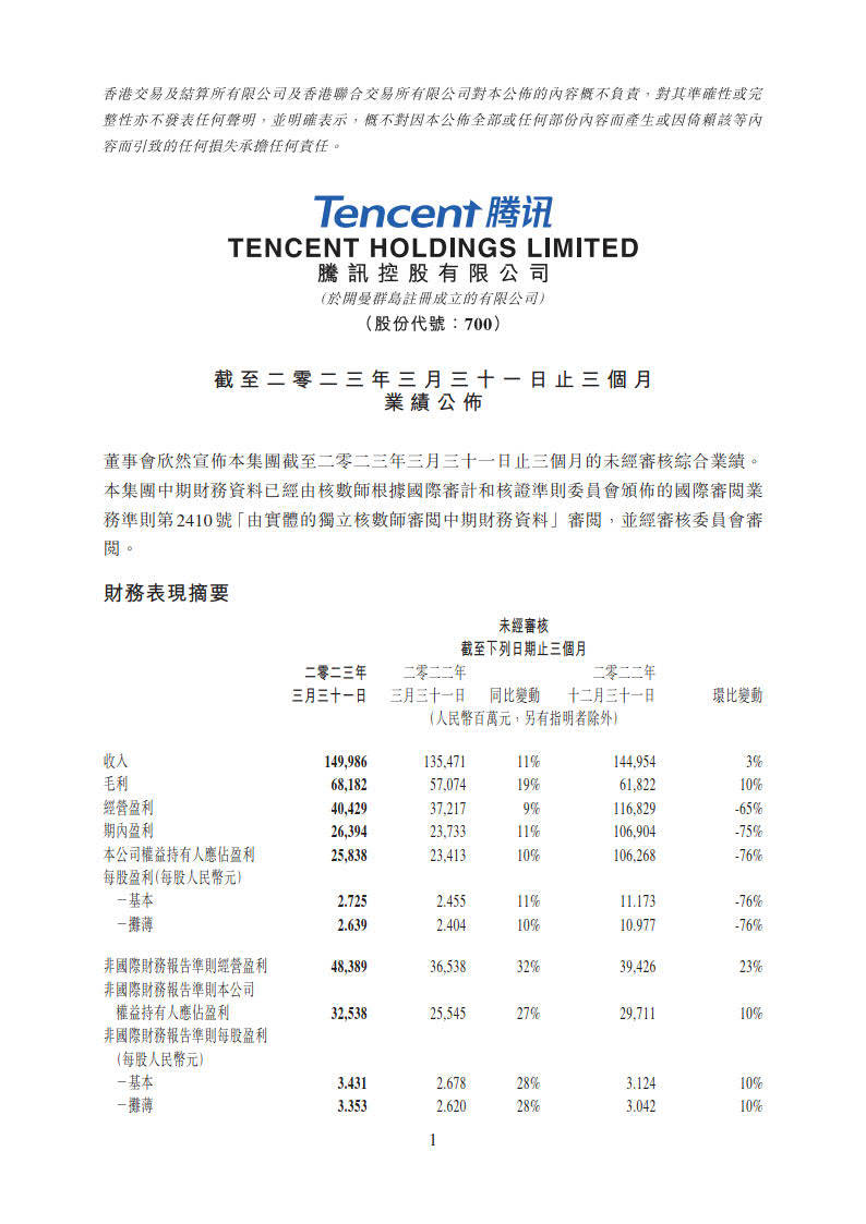 2023年第一季度腾讯业绩财报--港交所版本(附下载)_报告_内容_机构
