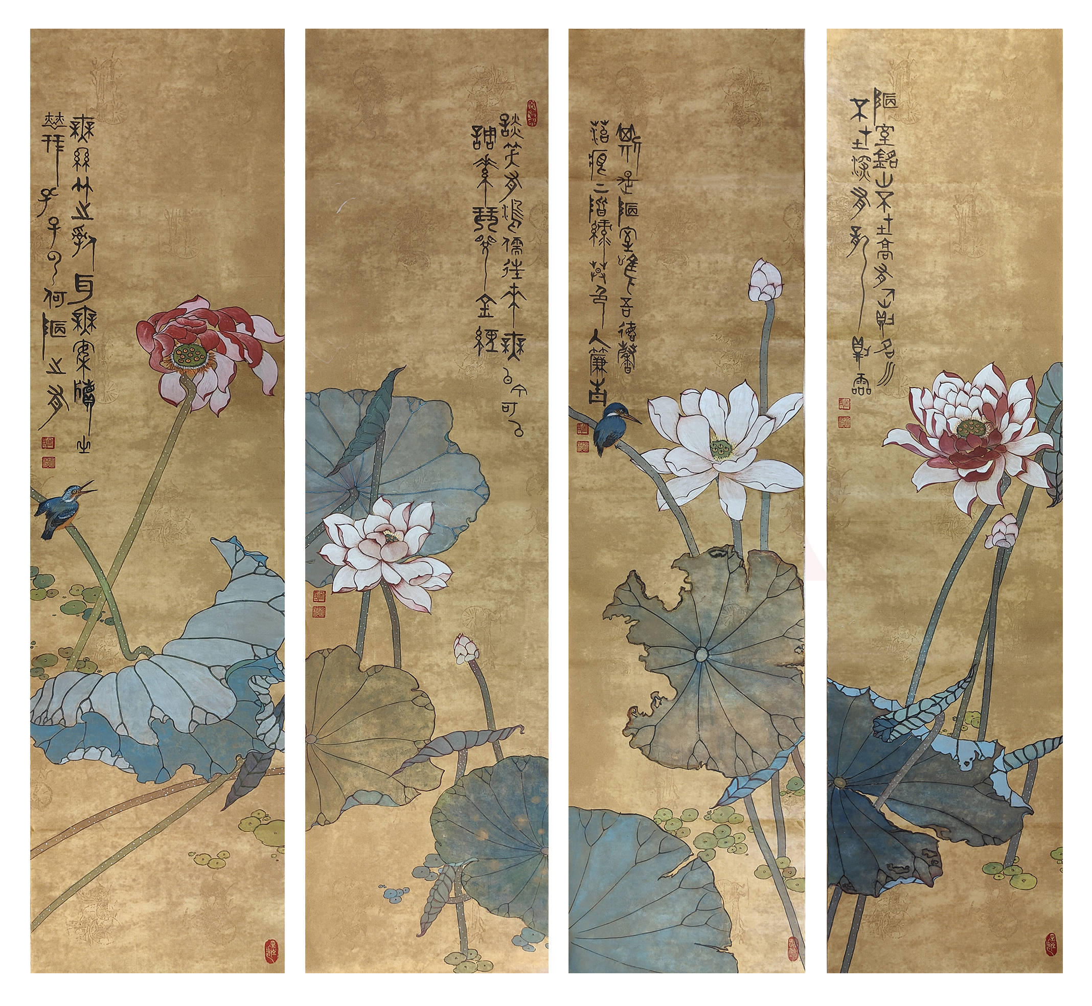 孟咏梅《荷花四条屏》拍卖成交价gbp英镑15620英镑,核算人民币136645