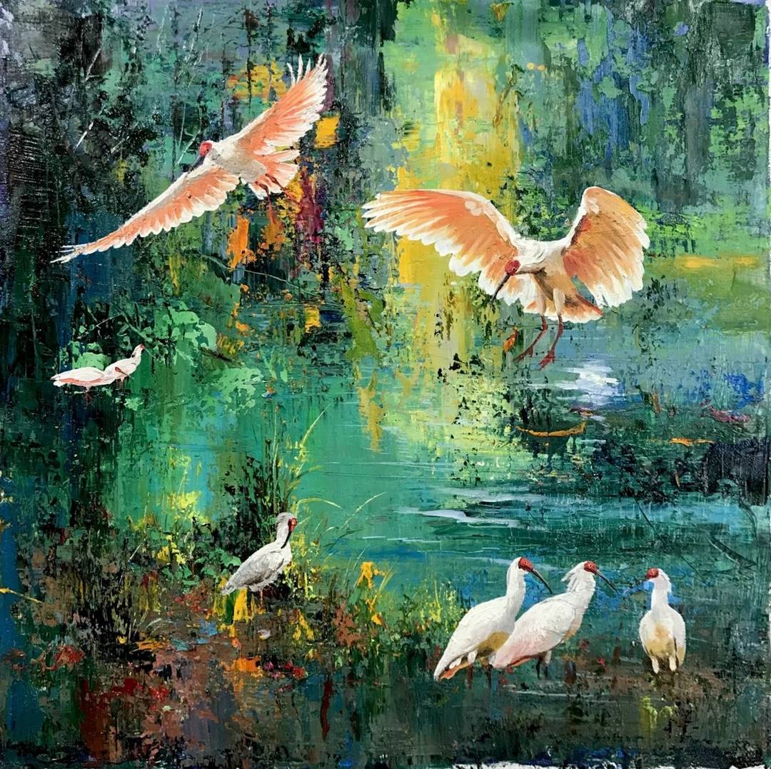 仲夏画鹮——晏子油画作品欣赏_布面_秦岭_枝头