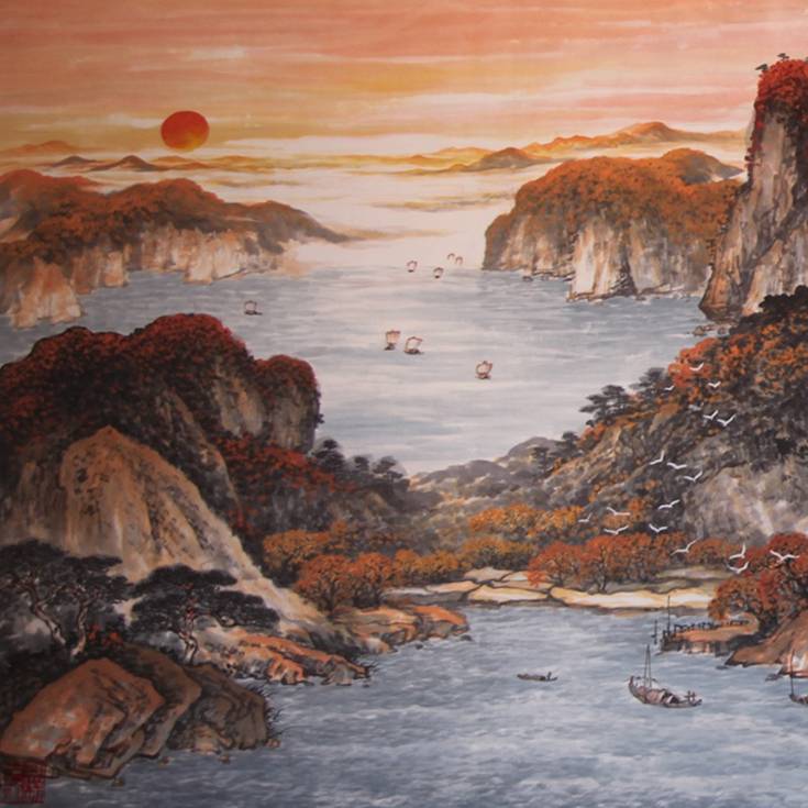 当代著名画家 雷鸣东《江山秋韵图》山水国画 代表作品_cm_藏品_意境