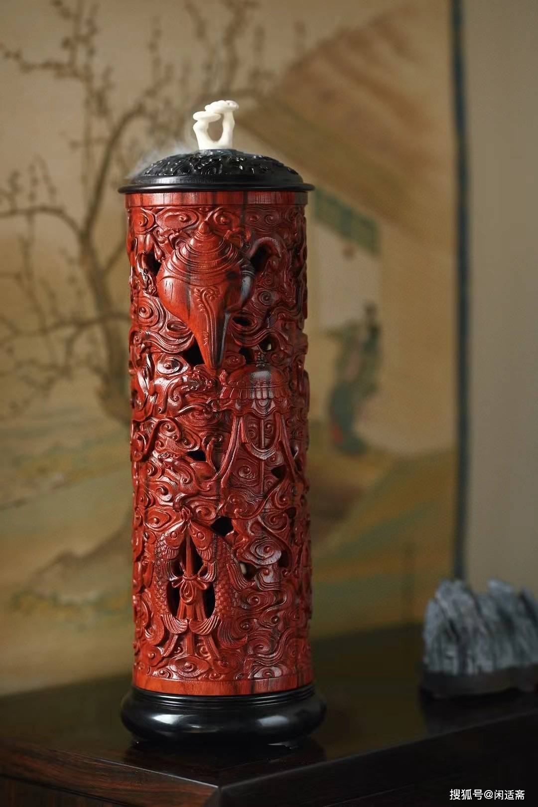 文人雅趣,八宝吉祥,紫檀香炉_灵芝_法螺_空间