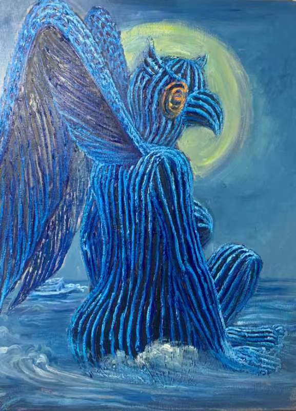 王慧斌笼鸟系列之《蓝鸟人》120×100cm 布面油画 2022王慧斌笼鸟系列