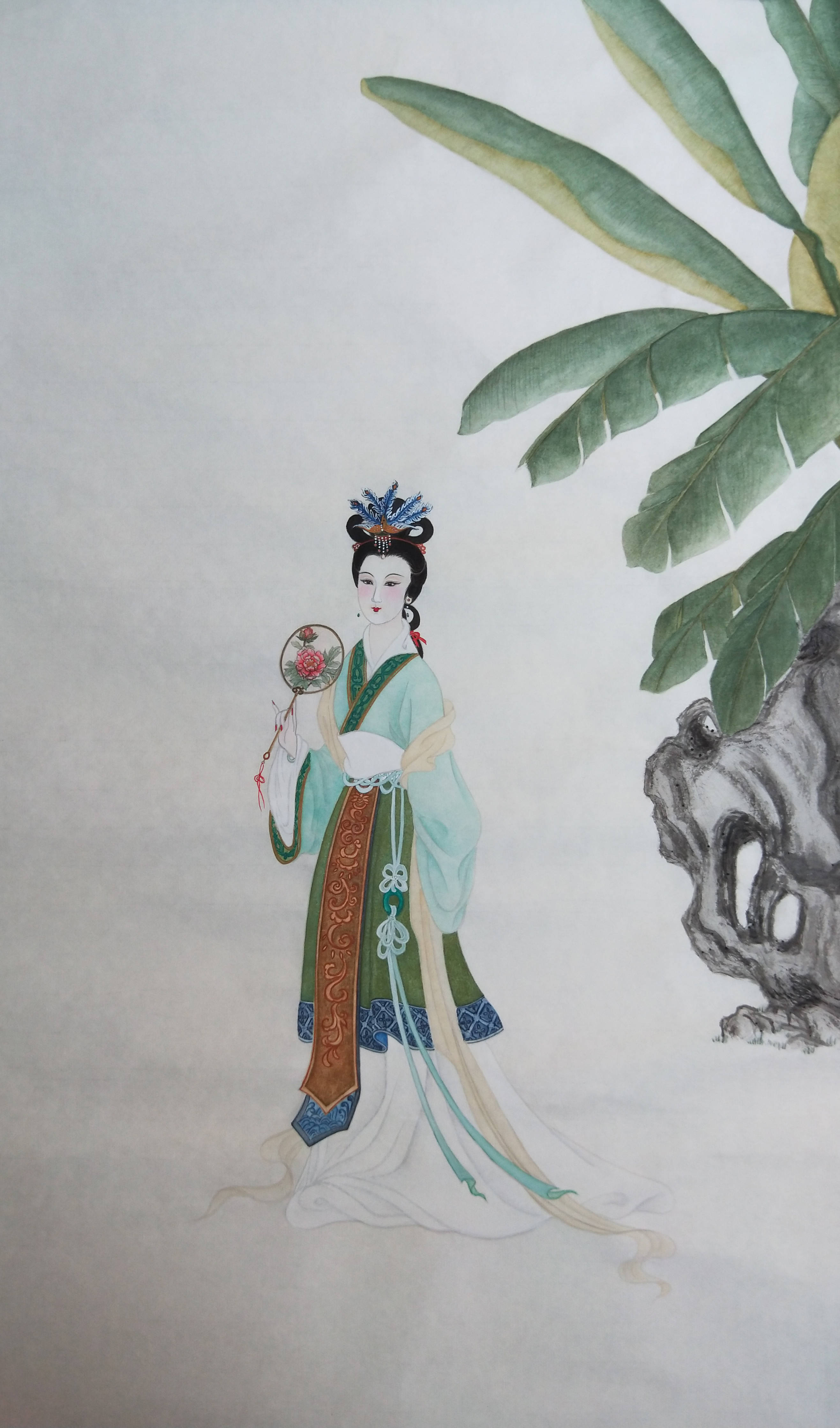 芭蕉美人图(黄丽燕国画仕女图古装美人图工笔人物绘画)_纸本_世事