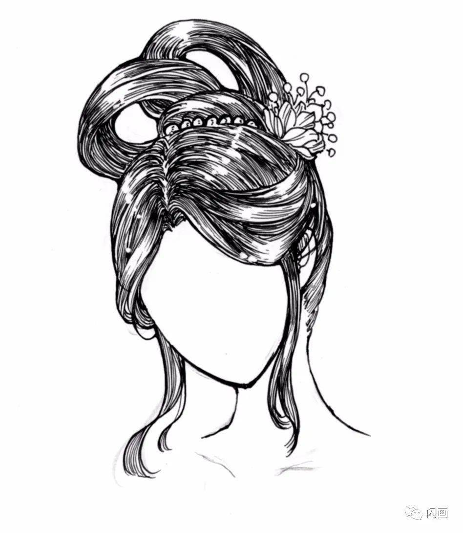 绘制出盘发的整体轮廓与形态,并理清头发的前后转折关系,然后加以刻画
