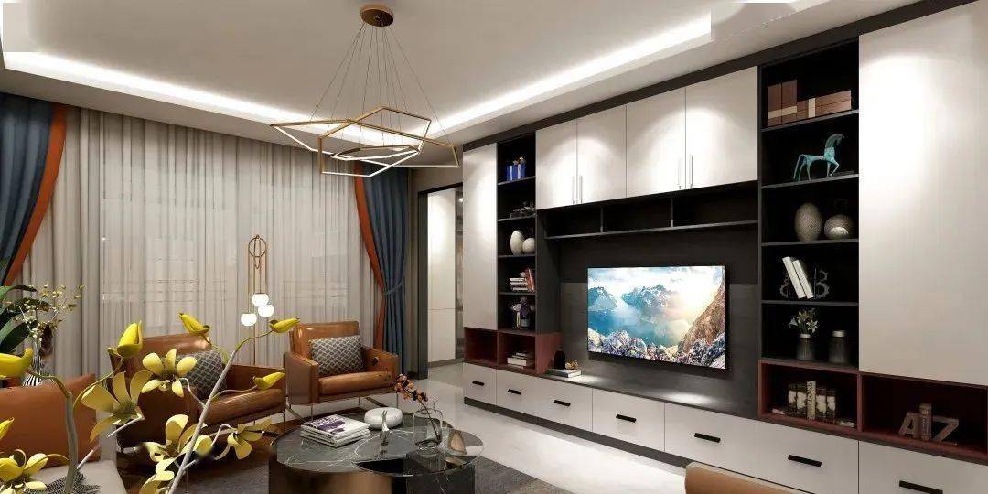 一柜到顶的设计,电视柜采取对称结构,开敞式和封闭式柜门相结合,木纹