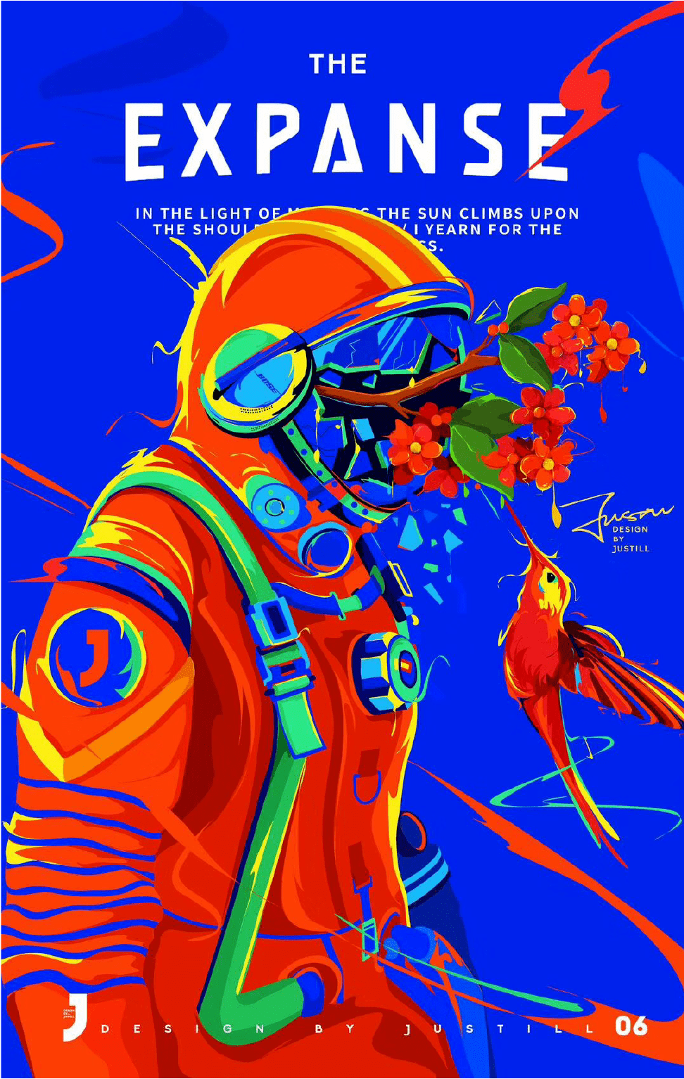 高纯度的红蓝色搭配形成了强烈的对比,使各自的色相更显突出,更为艳丽