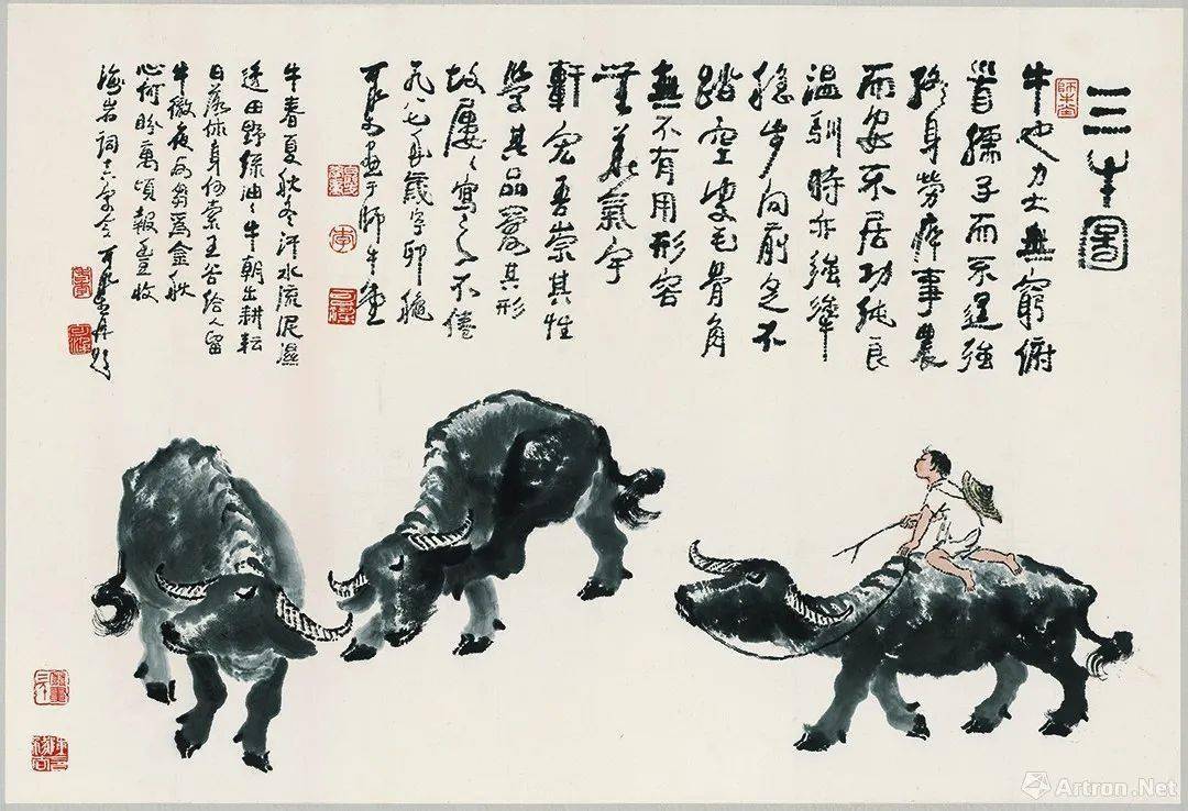 李可染,三牛图,宣纸,66cmx96cm,1987年除了徐悲鸿在重庆的创作取得