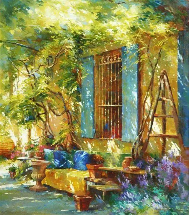 又有种印象派的风格画面写实之间他的油画阳光明媚,色彩艳丽用光影