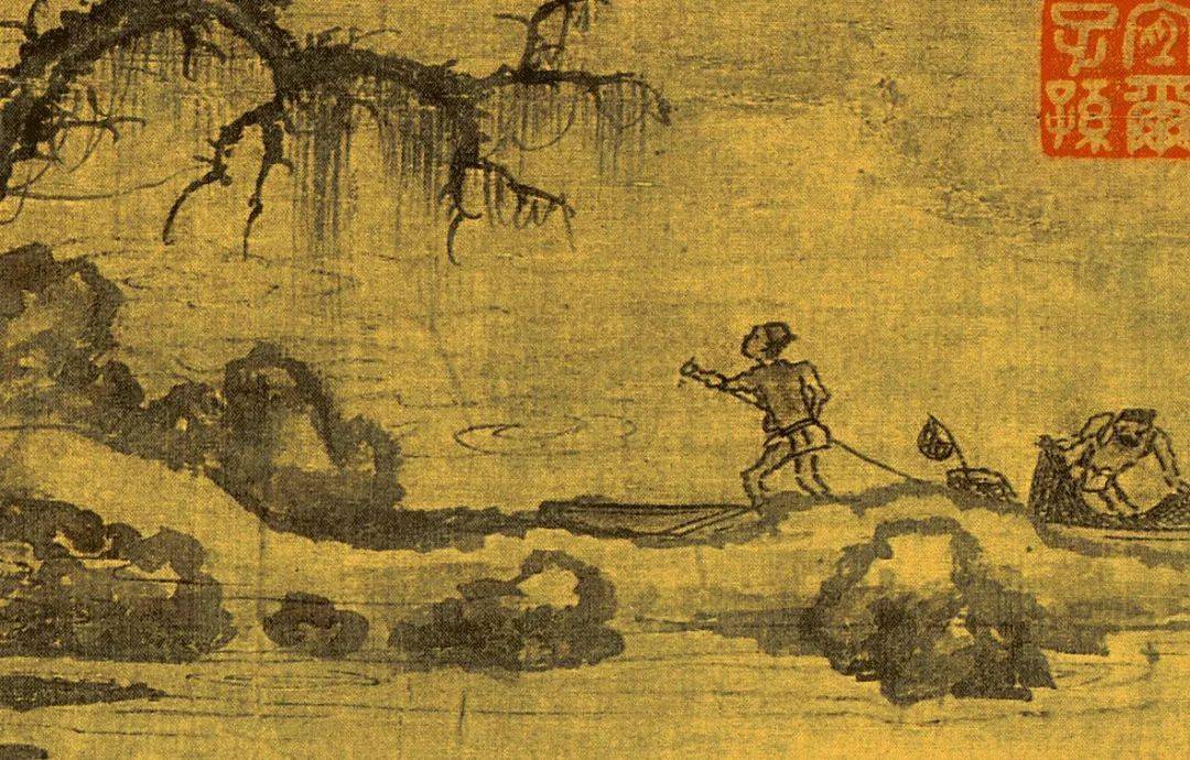 鱼篓等物画面左边被虚化的远山与层层淡墨渲染的天空中间一淙泉水缓缓