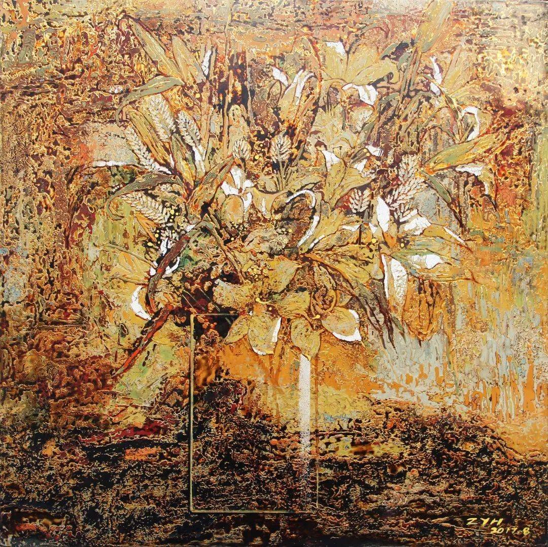 《喜日》150x150cm《诗性江城》120x120cm《春暖》180x60cm《盛世花开