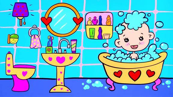 教小朋友学画画涂颜色小宝贝在泡泡浴缸里面洗澡画的真好看