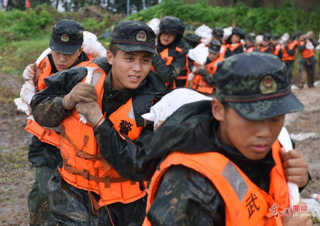 安徽武警:党员奋战在堤坝