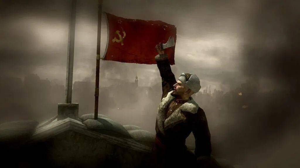 苏联老兵举国旗图片
