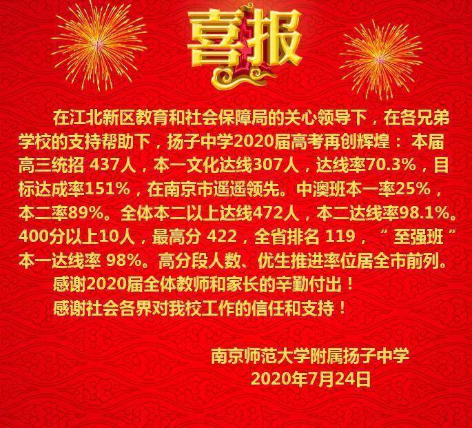 喜報!揚子二中本科達線率高達98%!江北新區文科狀元來自大廠高級中學!